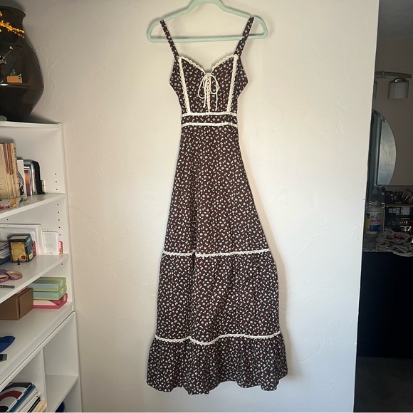 Gunne Sax Dresses & Skirts - Gunne Sax Prairie Maxi Dress Brown Feather Lace Corset Tie Back Vintage